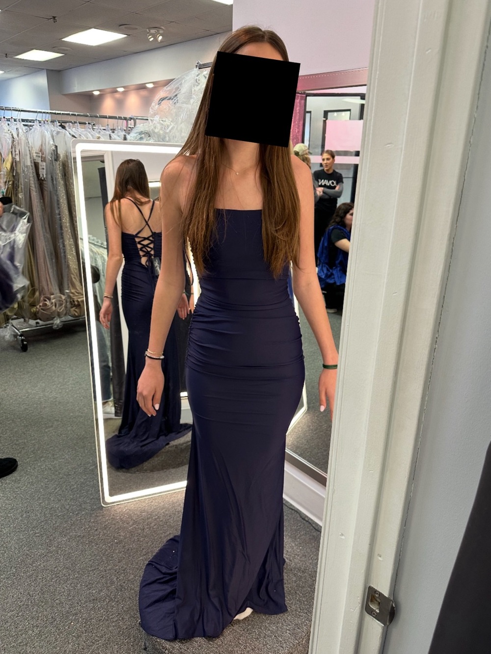 La Femme Navy Blue Backless Strapless Evening Gown